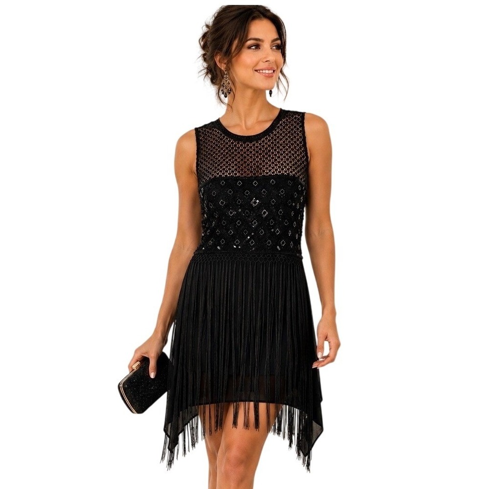 Karen Millen Black Beaded Evening Dress Fringe US 10 Special Occasion